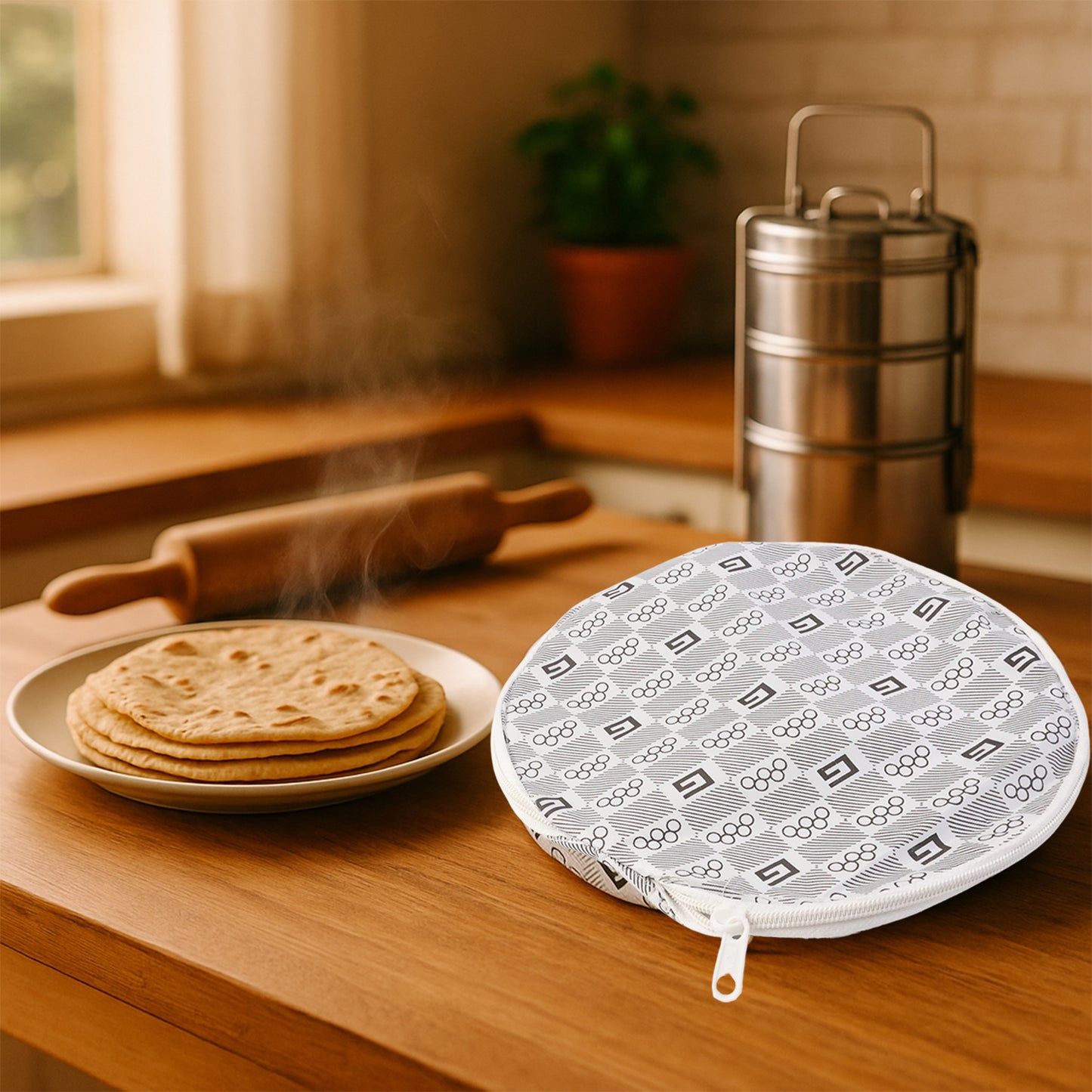 Wukusy insulated roti cover in 23x23 cm size, fabric material, designed to keep roti warm, shown with the cover folded.