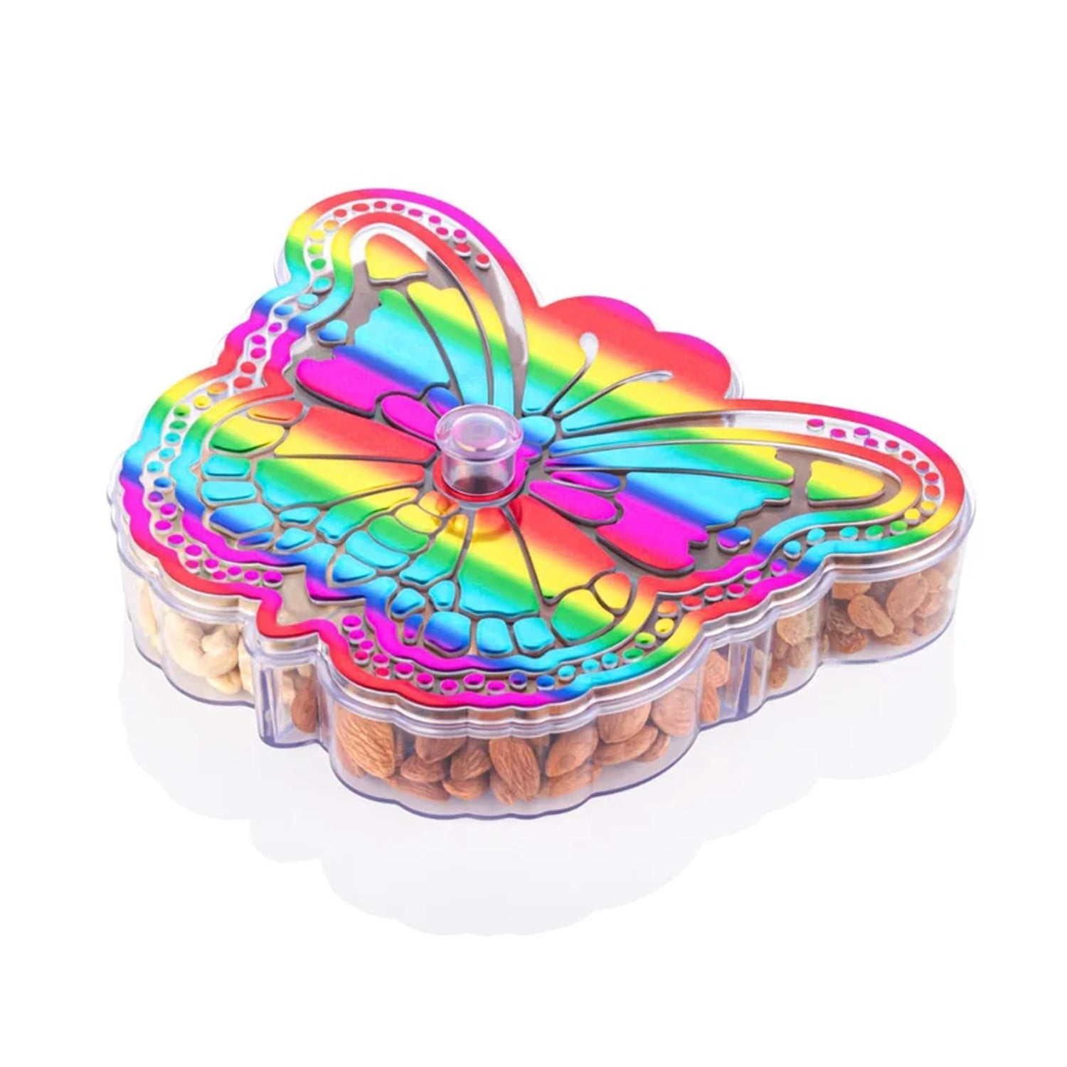Wukusy butterfly-shaped 4-compartment multipurpose dry fruit box for kitchen storage, made of durable plastic with colorful compartments.
