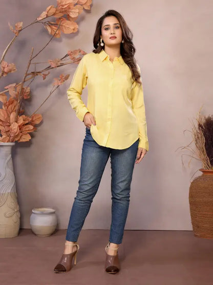 Ekom women's golden viscose collared neck hip-length half sleeve shirt with a stylish collar and relaxed fit, perfect for casual wear