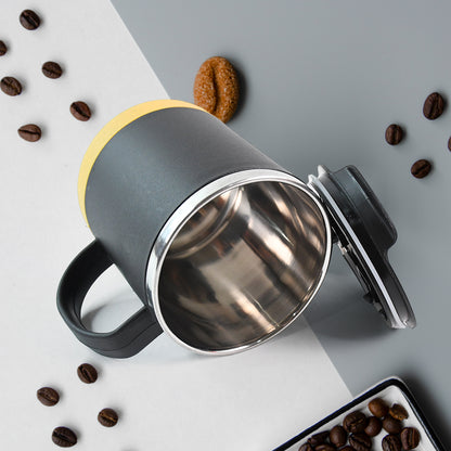 Wukusy insulated coffee mug with spill-proof lid, 450ml capacity, featuring a sleek design for home and kitchen use