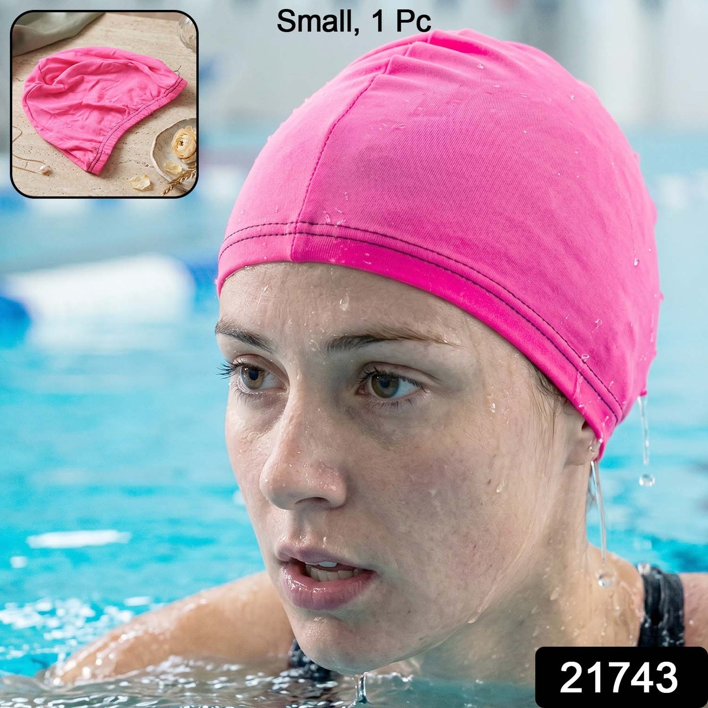 Small Wukusy premium stretchable swimming cap, made of smooth material, designed to fit snugly and comfortably for swimming.
