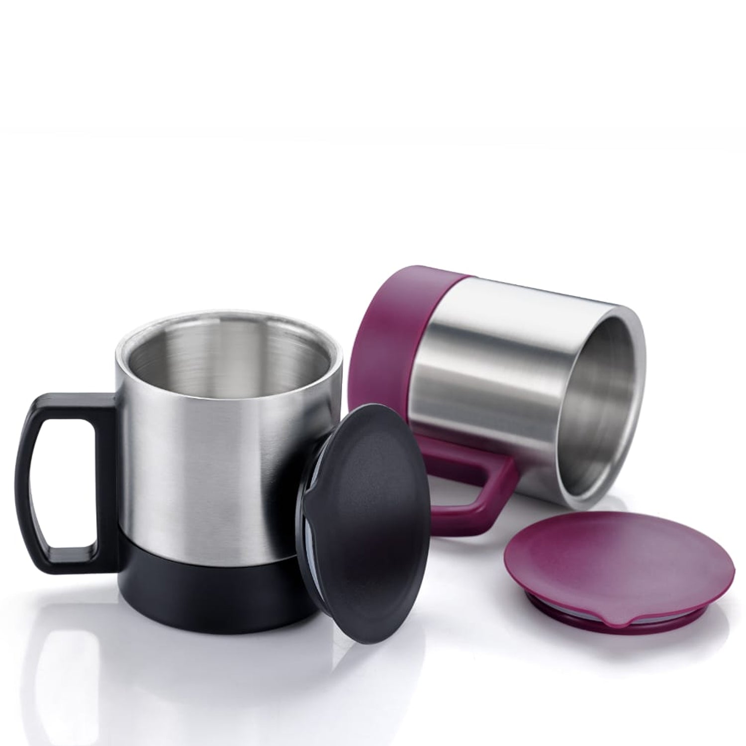 Wukusy stainless steel coffee and tea cup with lid, handle, double-wall insulation, ideal for hot beverages and easy carrying