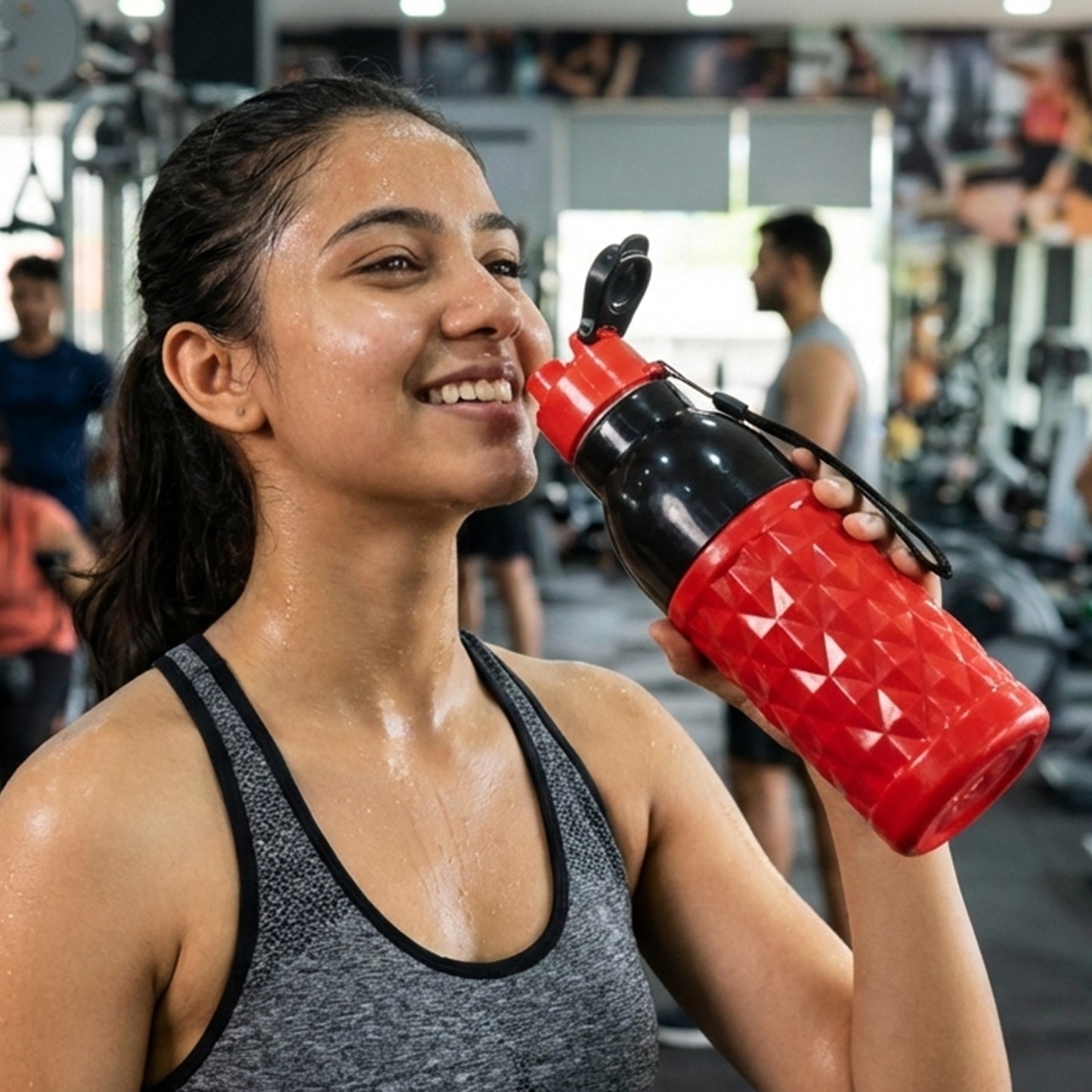 Wukusy plastic sports water bottle, 1000 ml capacity, with a flip-top lid and ergonomic design for outdoor activities.