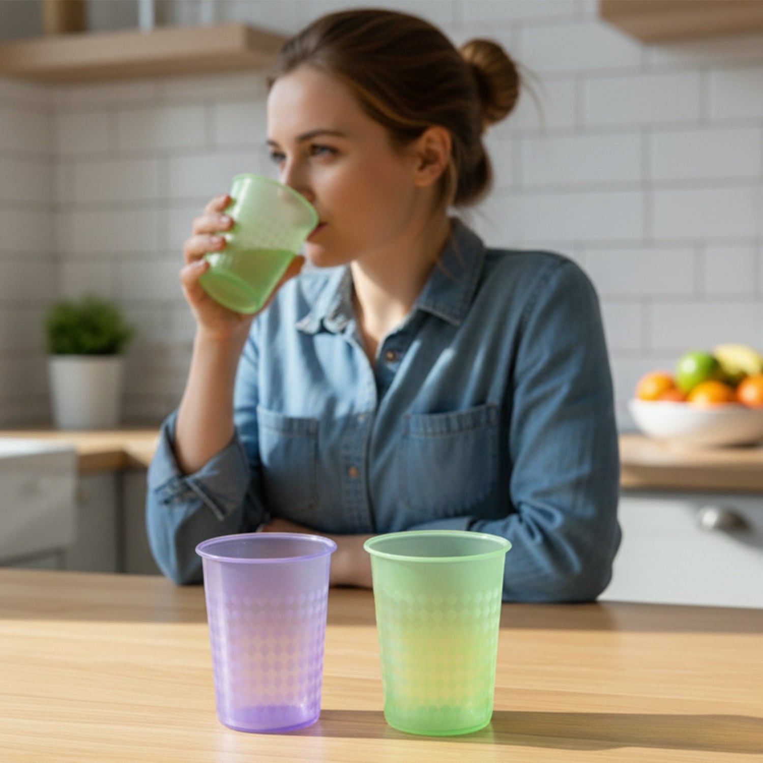 Colorful Wukusy reusable plastic drinking glass, 200ml capacity, showing multiple mixed colors and a clear, sturdy design.