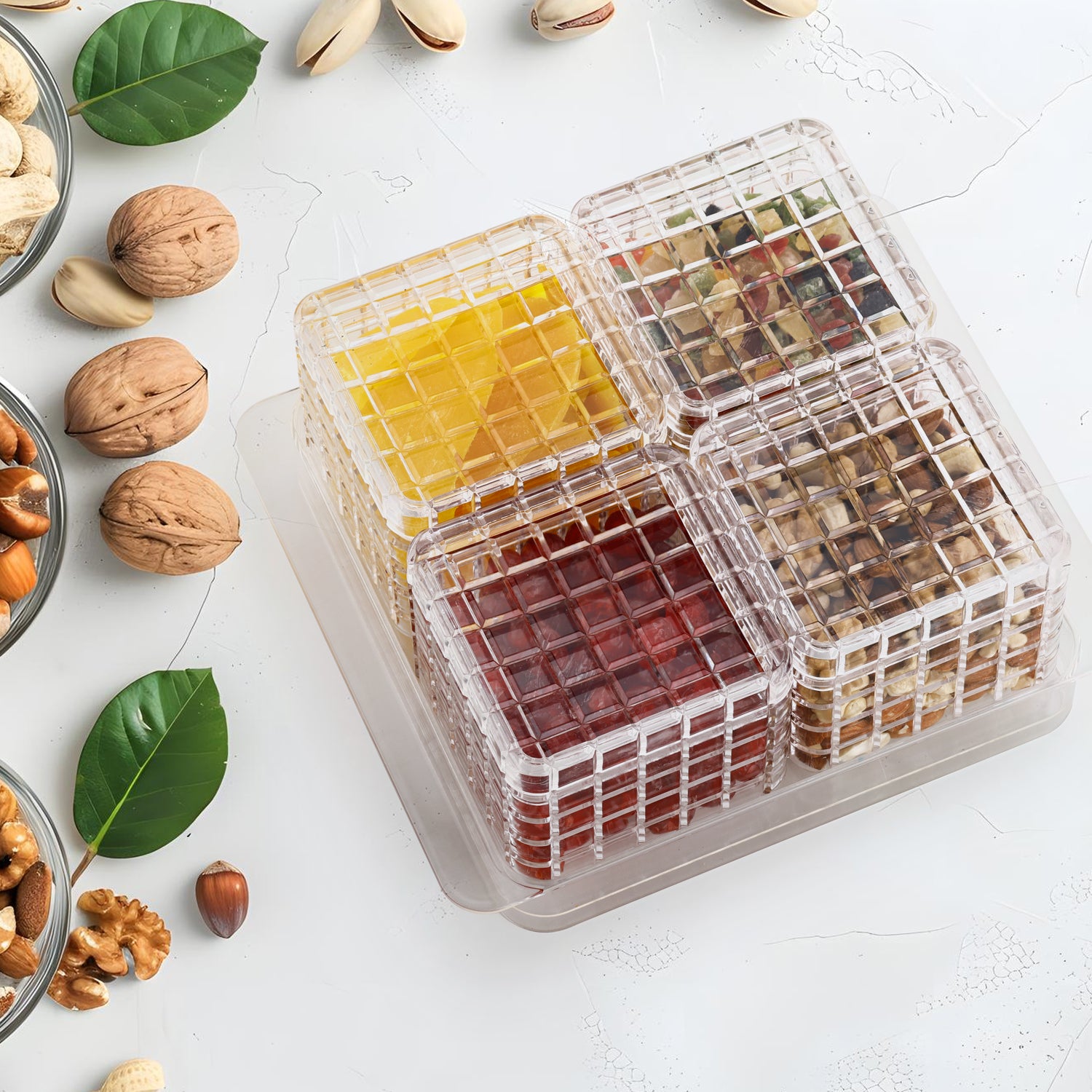 Wukusy Ganesh multipurpose gift set with 4 dry fruit and candy containers, includes a tray for kitchen storage and presentation.