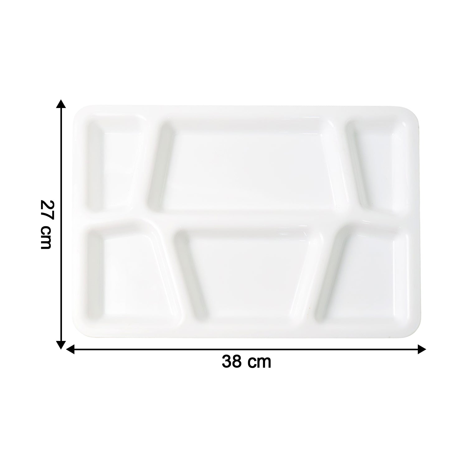 Wukusy plastic multi-compartment rectangular meal serving tray with five sections, white color, ideal for organized food presentation.