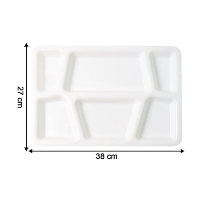 Wukusy plastic multi-compartment rectangular meal serving tray with five sections, white color, ideal for organized food presentation.