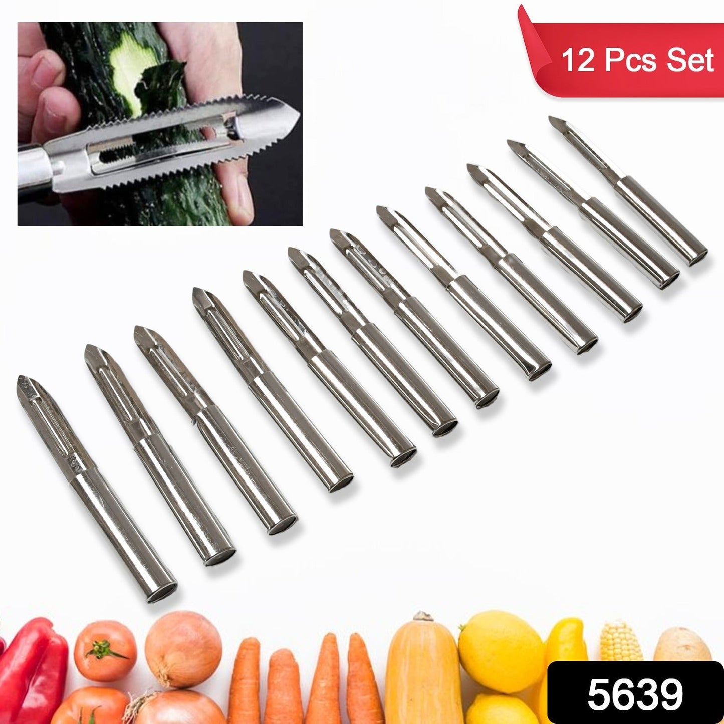Set of 12 Wukusy stainless steel vegetable peelers with handles for peeling and shredding potatoes, carrots, fruits, and vegetables.