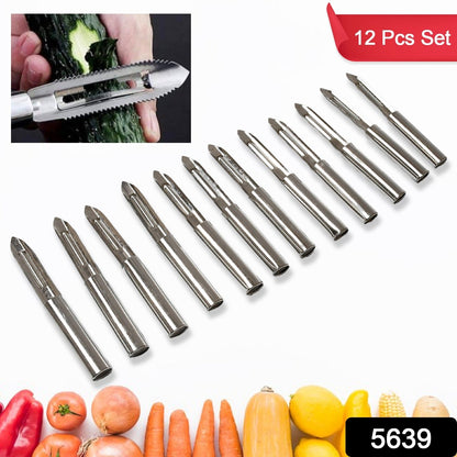 Set of 12 Wukusy stainless steel vegetable peelers with handles for peeling and shredding potatoes, carrots, fruits, and vegetables.