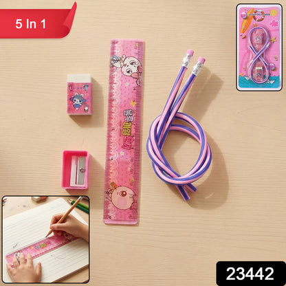 Kids school stationery kit by Wukusy featuring a 5-in-1 cute cartoon set with flexible pencils and colorful supplies.