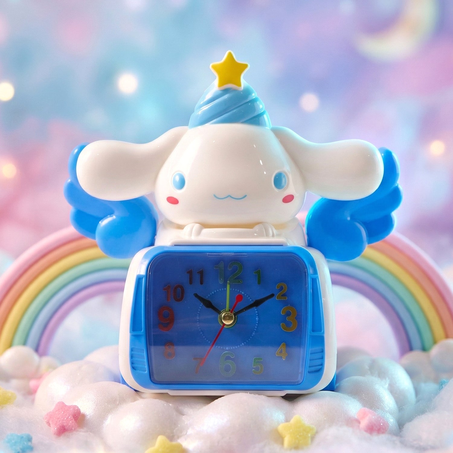 Wukusy cute cartoon bunny angel car-style table alarm clock with colorful design and adorable bunny figure.