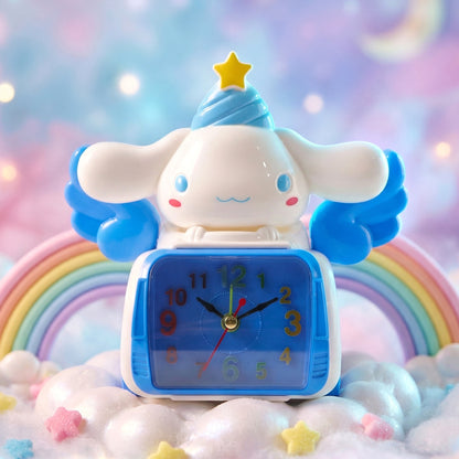 Wukusy cute cartoon bunny angel car-style table alarm clock with colorful design and adorable bunny figure.