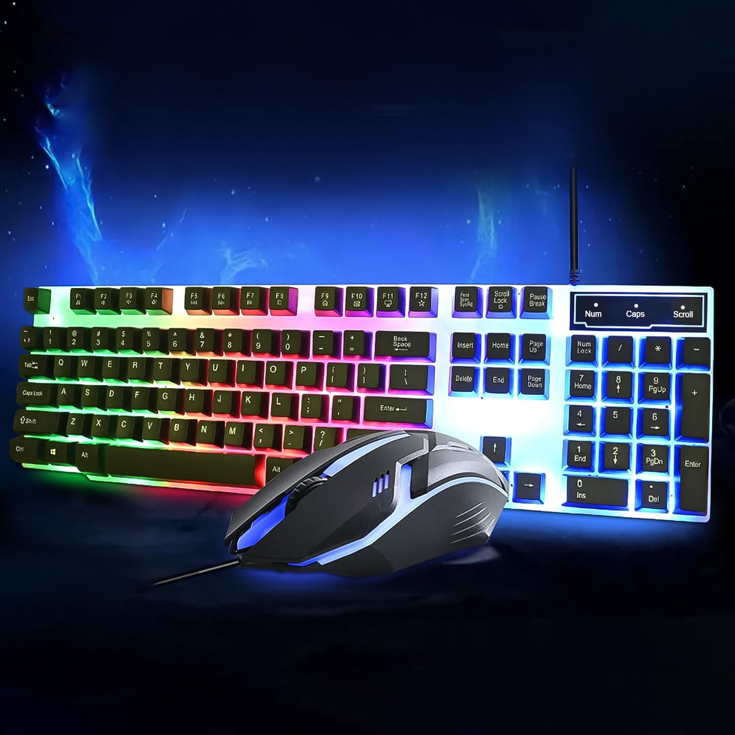 Wukusy 104-key colorful lighting keyboard and mouse set for office use, featuring vibrant backlit keys and ergonomic design
