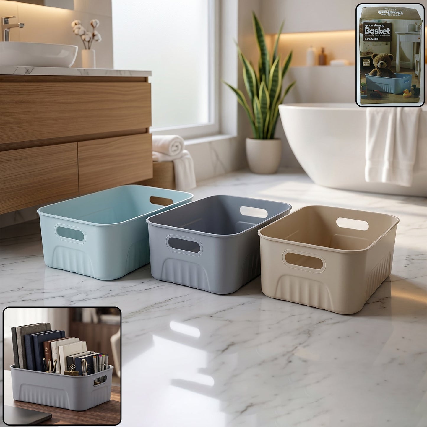 Set of three Wukusy plastic storage baskets, versatile organizer bins for home or office use, in various sizes.