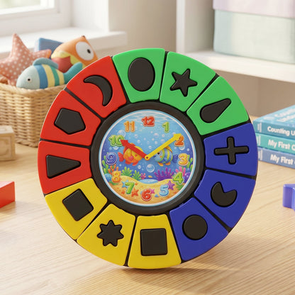 Wukusy shape and color matching learning puzzle toy with clock for kids and toddlers, featuring colorful wooden pieces and clock face.