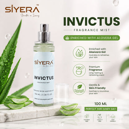 Wukusy Siyera Invictus fragrance mist body spray with aloe vera gel, 100ml bottle, featuring a sleek design and refreshing scent.