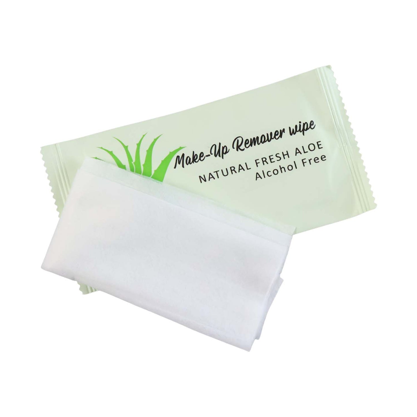 Wukusy Premium Natural Aloe Makeup Remover Wipes, single pack resting on a white background with aloe plant leaves.