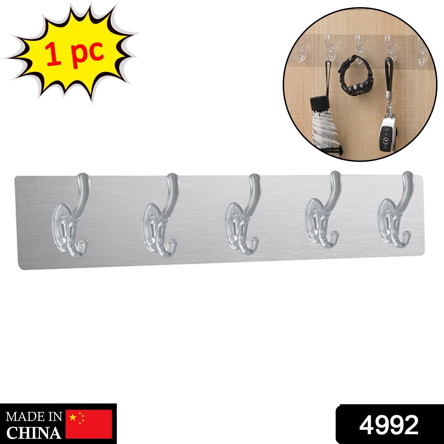 Wukusy 4992 adhesive transparent heavy-duty wall hook mounted on a wall, ideal for home improvement and hanging items.