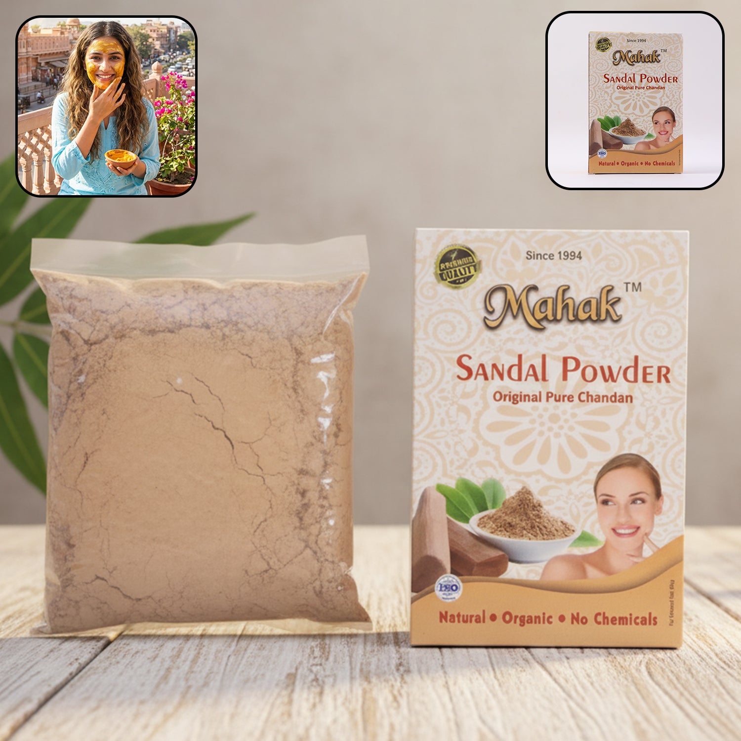 Wukusy Natural Sandal Powder for traditional skincare, 50g, showing the light beige powder in a clear container.