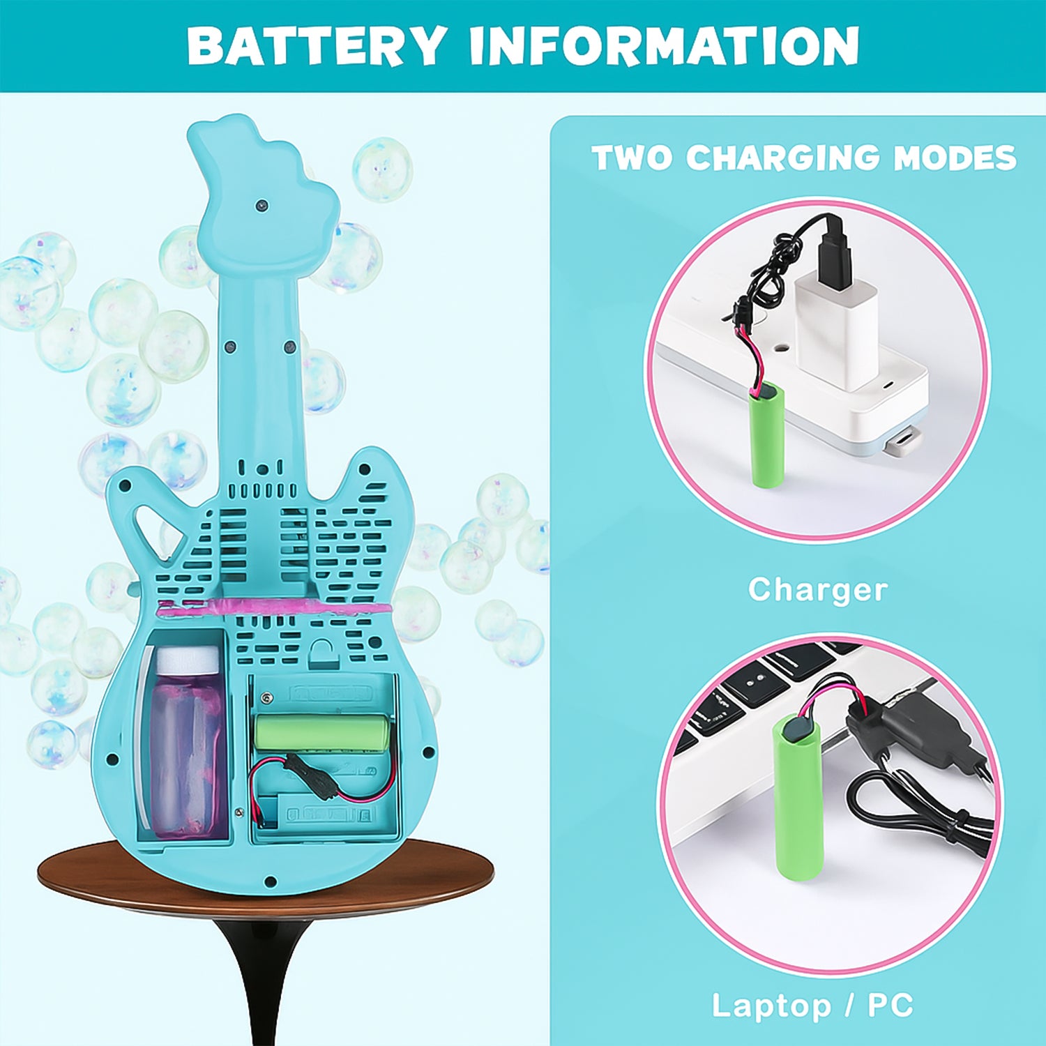 Wukusy electric automatic guitar-shaped bubble machine toy emitting bubbles, designed for kids and outdoor play.