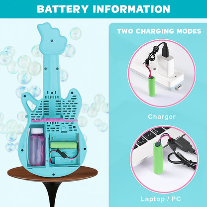 Wukusy electric automatic guitar-shaped bubble machine toy emitting bubbles, designed for kids and outdoor play.