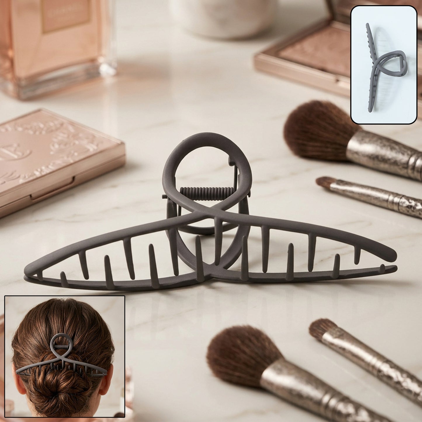 Wukusy large hair claw clip with strong grip, shown holding thick hair in a natural style, durable plastic design