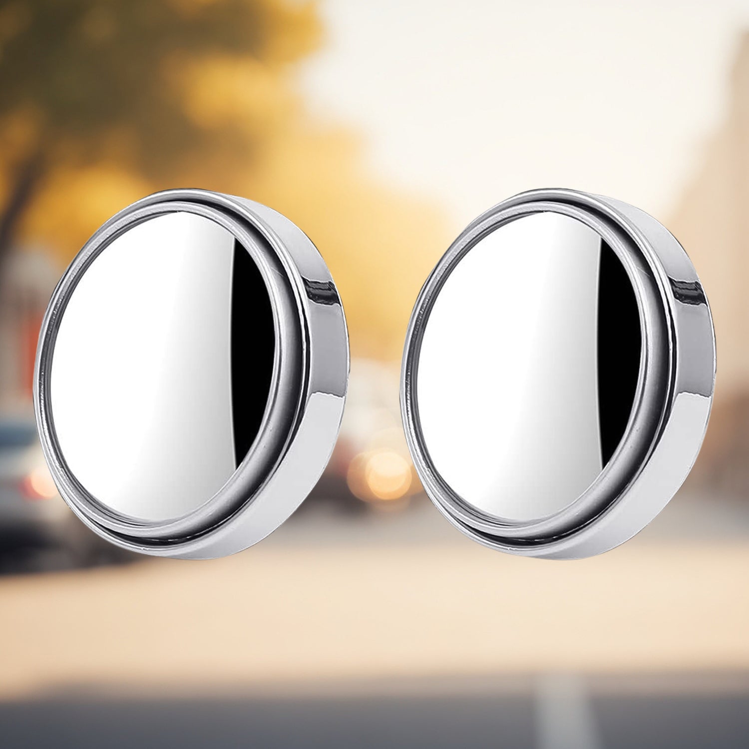 Pair of round HD glass blind spot side mirrors by Wukusy, designed for vehicle safety and improved rear visibility.