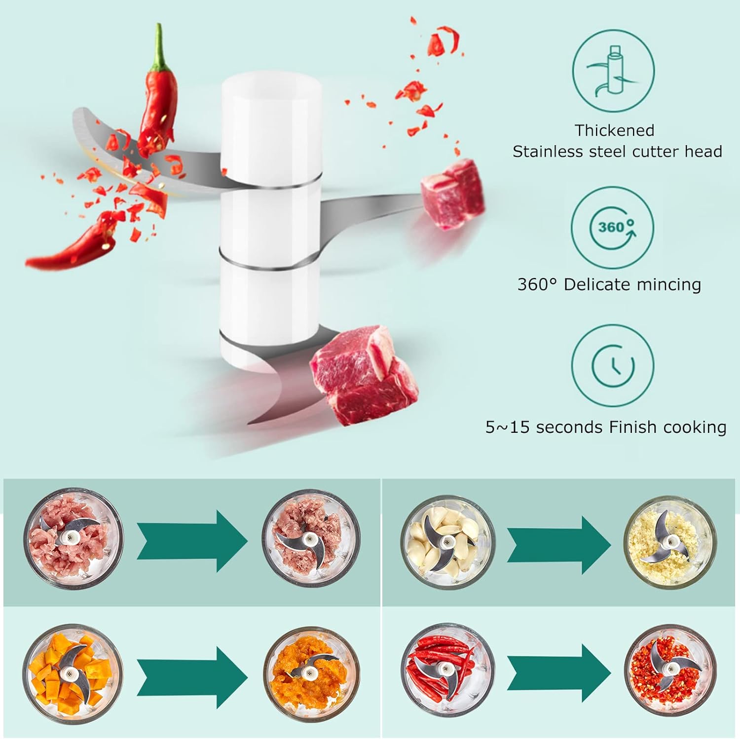 Wukusy wireless rechargeable mini electric garlic chopper with 3 blades in a 250ml capacity, ideal for home kitchen use.