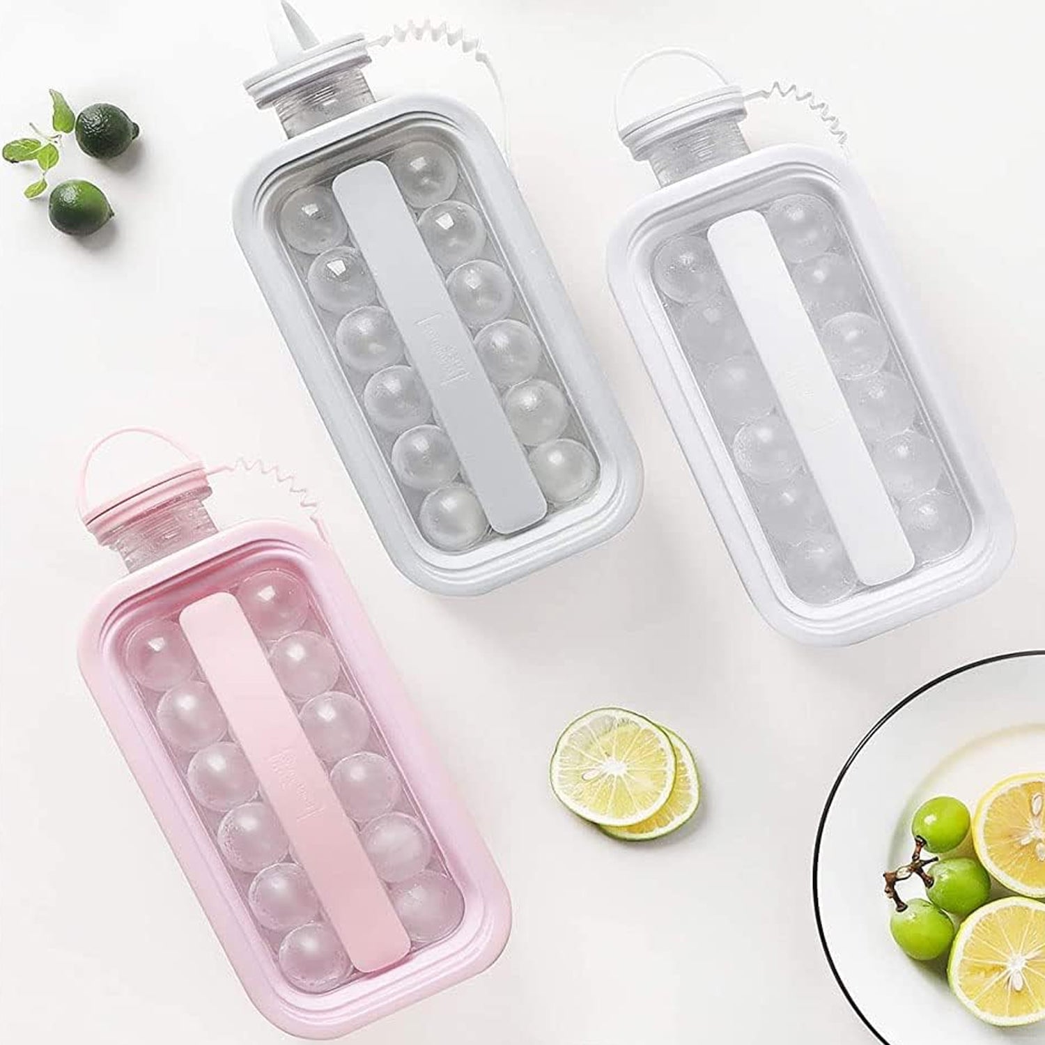 Wukusy 2-in-1 portable ice cube tray with 17 round ice ball molds for home and kitchen use, featuring flexible silicone design.