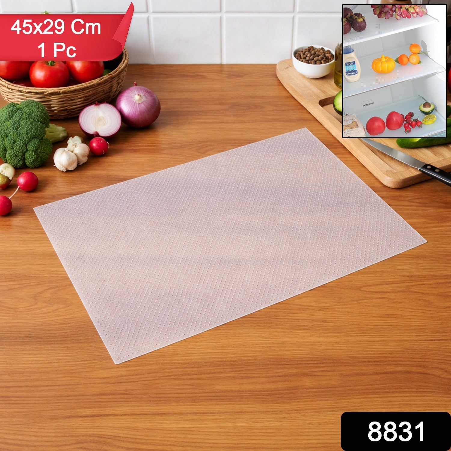 Clear plastic fridge mat by Wukusy, measuring 45x29 cm, shown on a refrigerator shelf to protect surfaces.