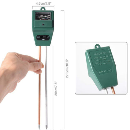 Wukusy 605 3-Way Soil Meter for pH testing, displaying soil moisture, pH level, and electrical conductivity on a digital screen.