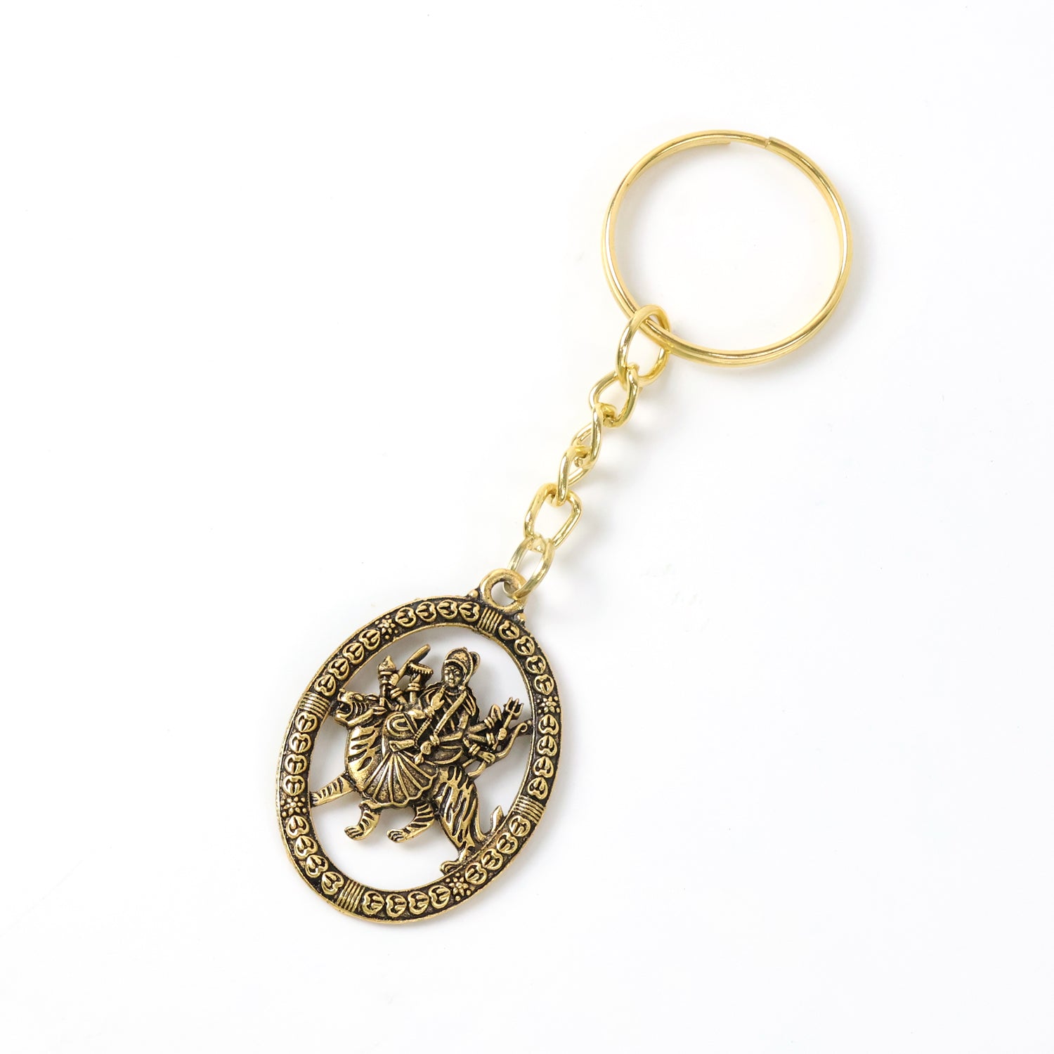 Golden Maa Durga oval frame keychain by Wukusy featuring a detailed image of the goddess Durga.