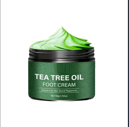 Drpshippr Tea Tree Oil Foot Cream tube with label, showing the creamy texture and natural herbal ingredients for foot care.