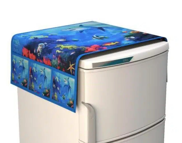 Blue knit printed fridge cover set with 3 mats and top cover, designed for kitchen appliance protection by 6201.