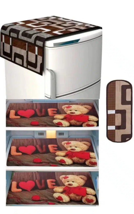 Multicolor knitted fridge cover set with printed mats, top cover, and handle cover designed for refrigerator protection.