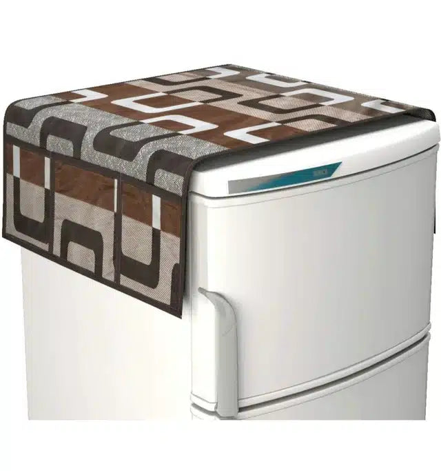 Multicolor knit printed fridge cover set with 3 mats, top, and handle cover, designed by 6201 for refrigerator protection.