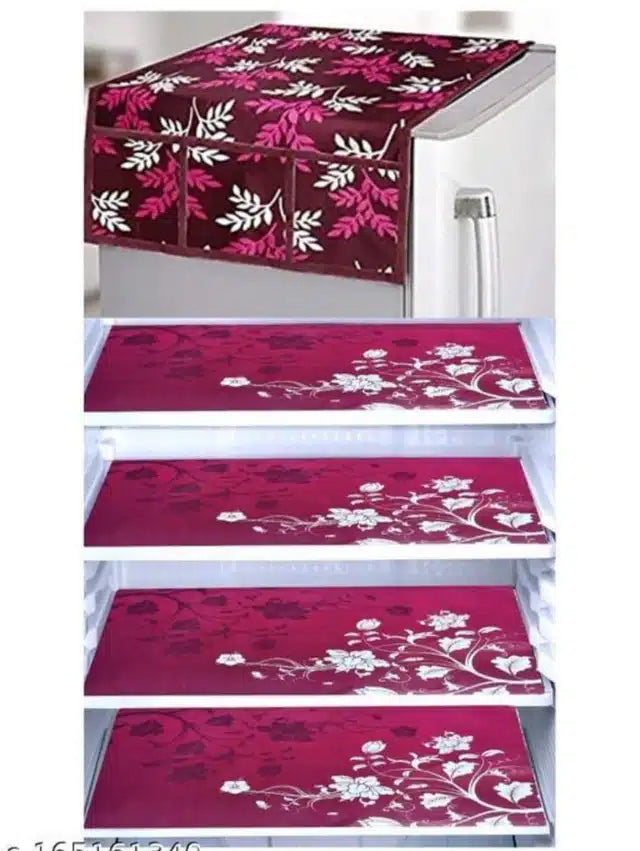 Knit printed fridge cover set with four mats and top cover in wine color, designed by 6201 for protecting and decorating refrigerators.