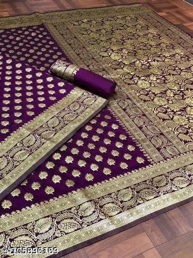 Purple Jacquard saree for women with intricate woven patterns, 6.3 meters long, featuring a matching blouse for elegant attire.