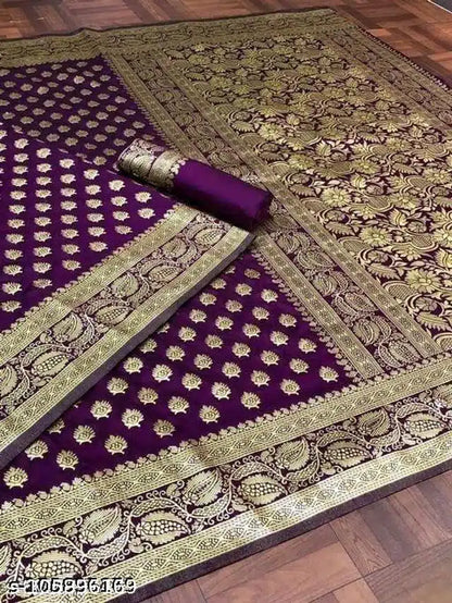 Purple Jacquard saree for women with intricate woven patterns, 6.3 meters long, featuring a matching blouse for elegant attire.