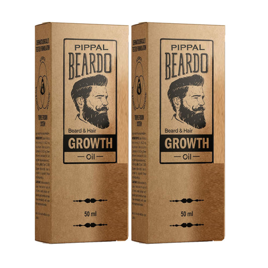 Beardo Beard and Hair Growth Oil in two 50ml bottles, featuring a dropper applicator for faster beard growth.