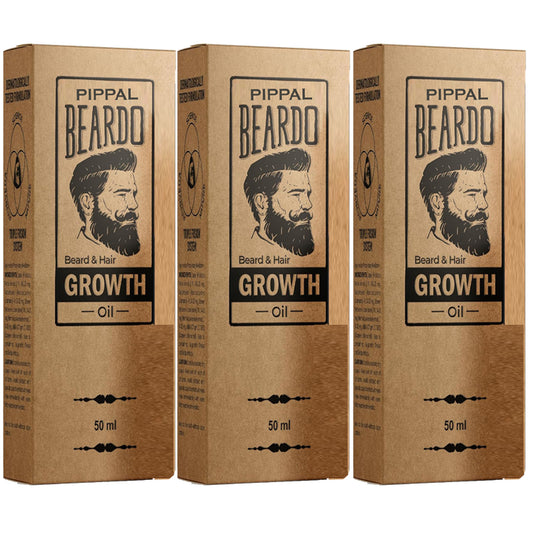 Beardo beard and hair growth oil bottle with three 50ml bottles, designed to promote faster beard and hair growth.