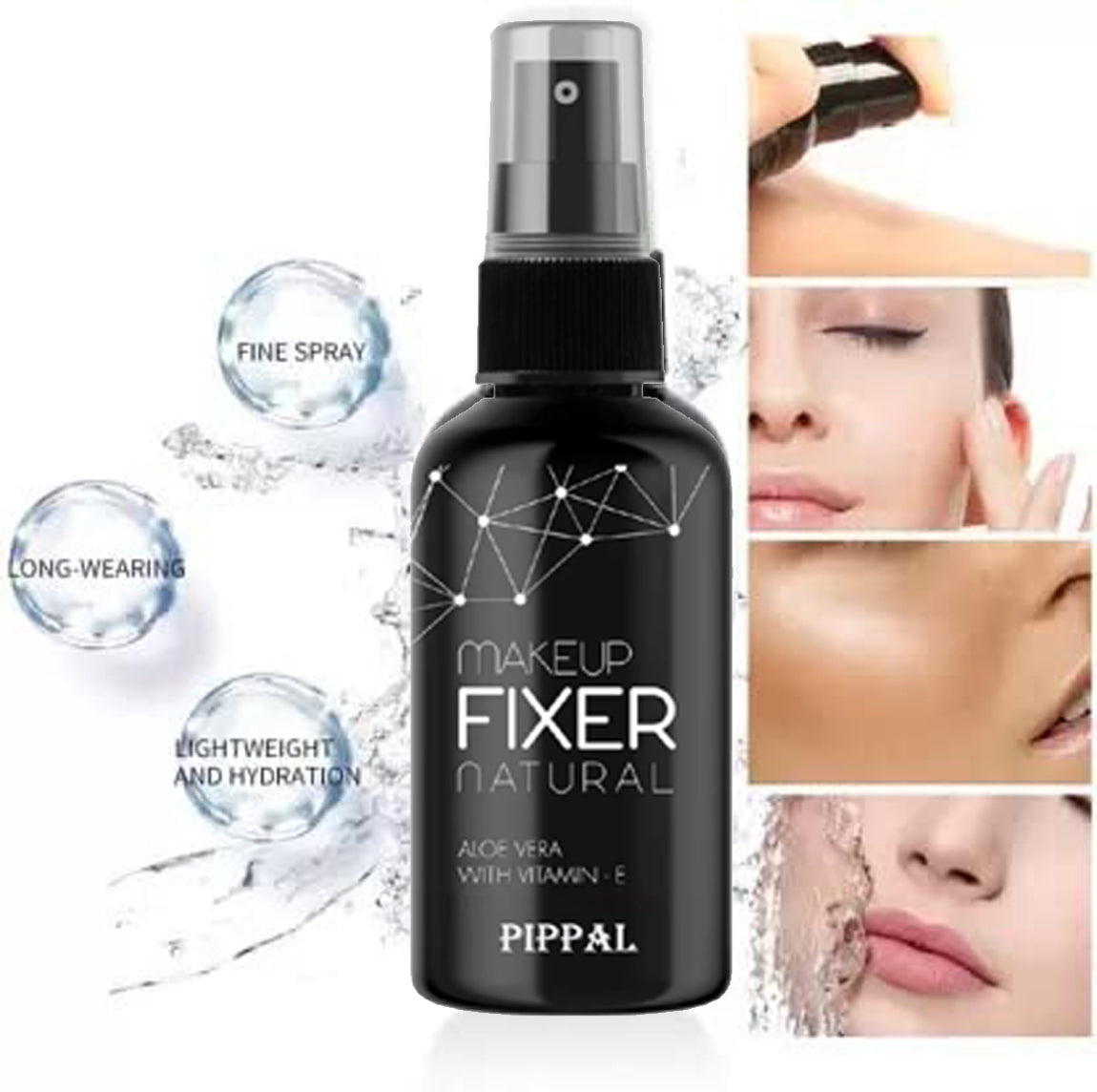 Pippal Beauty Makeup Fixer spray with Vitamin E and Aloe Vera, hydrating and refreshing setting spray in 80ml bottle.