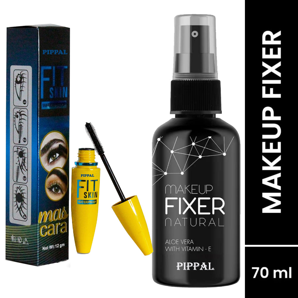 Pippal Beauty Makeup Fixer spray with Vitamin E and Aloe Vera, hydrating dewy finish, 80ml, includes Fit Skin Mascara.