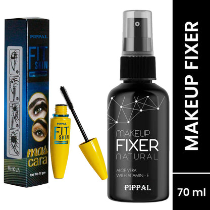 Pippal Beauty Makeup Fixer spray with Vitamin E and Aloe Vera, hydrating dewy finish, 80ml, includes Fit Skin Mascara.