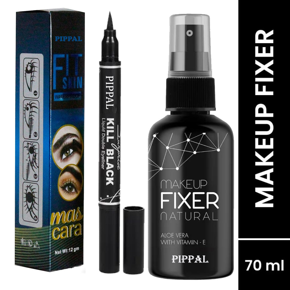 Pippal Beauty Makeup Fixer spray with Vitamin E and Aloe Vera, 80ml, hydrating and refreshing setting spray with mascara and 2-in-1 eyeliner
