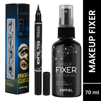 Pippal Beauty Makeup Fixer spray with Vitamin E and Aloe Vera, 80ml, hydrating and refreshing setting spray with mascara and 2-in-1 eyeliner
