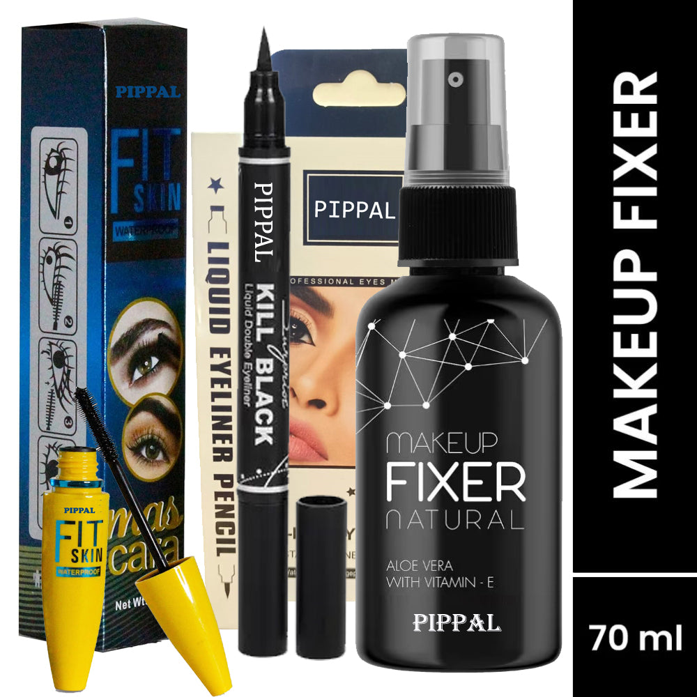 Pippal Beauty Makeup Fixer spray with Vitamin E and Aloe Vera, featuring Fit Skin Mascara and 2-in-1 Eyeliner, hydrating and refreshing.