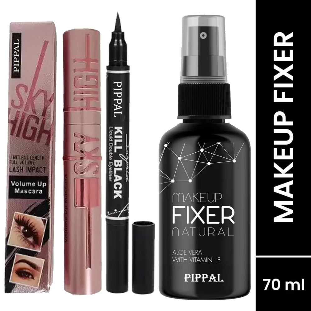 Pippal Beauty Makeup Fixer spray with Vitamin E and Aloe Vera, 80ml, hydrating setting spray with sky-high mascara and 2-in-1 eyeliner