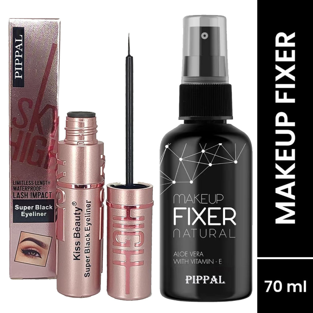 Pippal Beauty Makeup Fixer spray with Vitamin E and Aloe Vera, 80ml, alongside Sky High Supar Black Eyeliner, hydrating and refreshing.