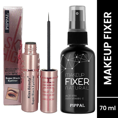 Pippal Beauty Makeup Fixer spray with Vitamin E and Aloe Vera, 80ml, alongside Sky High Supar Black Eyeliner, hydrating and refreshing.